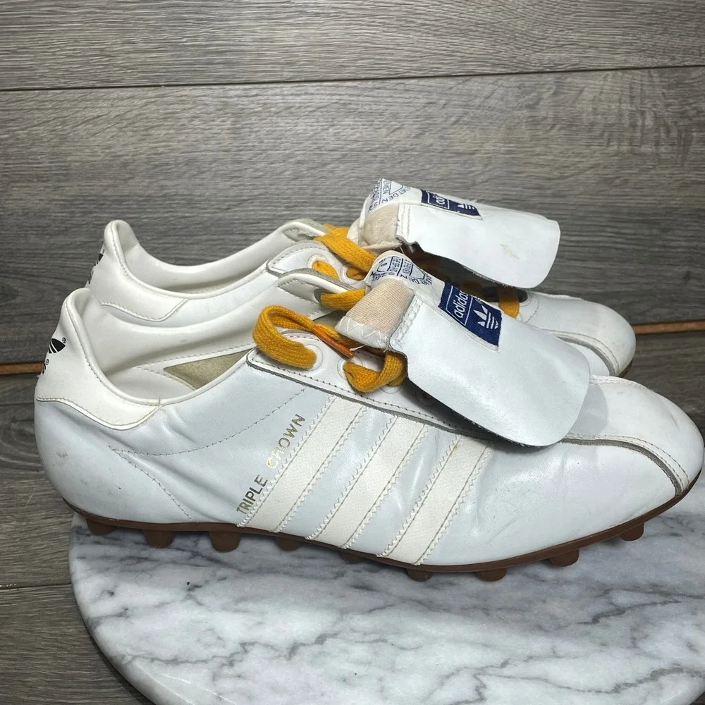 Vintage Adidas Soccer Shoes Mens 8 White Leather Triple Crown Futbol Retro 80s